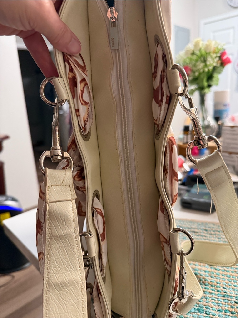 Beige Monogram Canvas Tote with Cream Trim and Scarf Accent - Picture 6 of 9